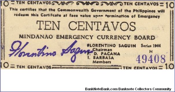 S-512a Mindanao Emergency Currency Board 10 centavos note. Banknote