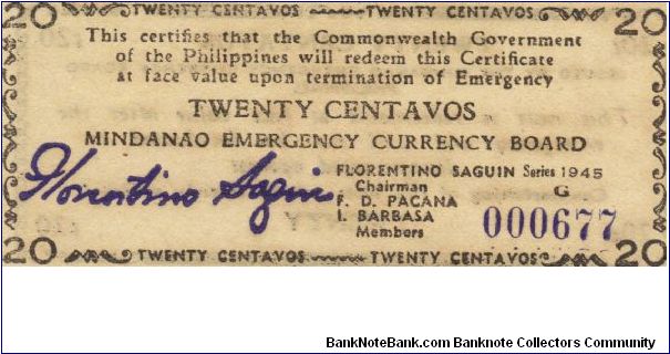 S-533 Mindanao Emergency Currency Board 20 centavos note. Banknote