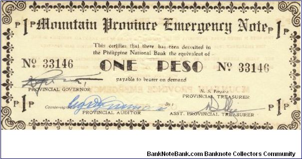 S-595a Mountain Province Emergency 1 Peso note. Banknote