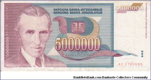 Yugoslavia 5000000 Dinars dated 1993 (Mauve Version) Banknote