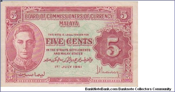 Malaya George VI 5c dated 1941 Banknote