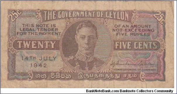 Ceylon George VI 25c dated 1942 Banknote