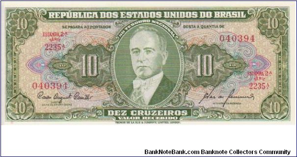 Brazil 10Cr Olive Front 1950's/60's Banknote