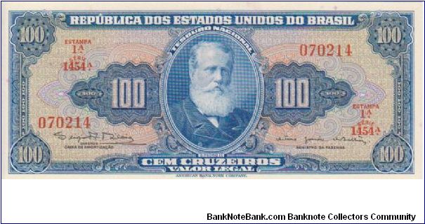 Brazil 100Cr Blue Front 1950's/60's Banknote