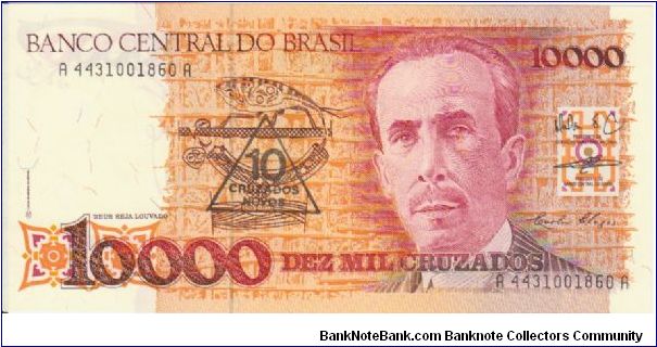 Brazil 10000 Cruzados overprinted with 10 Cruzados Novos Banknote
