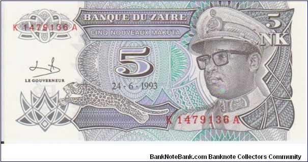 Zaire 5 Nouveaux Makuta dated 1993 Banknote