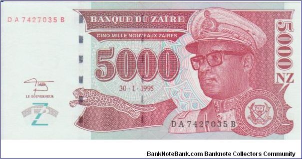 Zaire 5000 Nouveaux Zaires dated 1995 Banknote