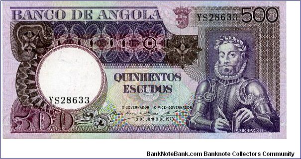 500 Escudos
Coat of arms & Luiz de Camoes
Rocky outcrop & trees 
Security thread
Wtr mk Camoes Banknote