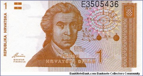 1 Dinar
Brown/Blue/Pink
Rudjer Boshkovich - Croatian mathematician, astronomer & physicist
Zagreb Cathedral Banknote