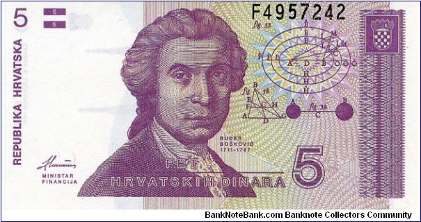 5 Dinar
Purple/Blue/Green
Rudjer Boshkovich - Croatian mathematician, astronomer & physicist
Zagreb Cathedral Banknote