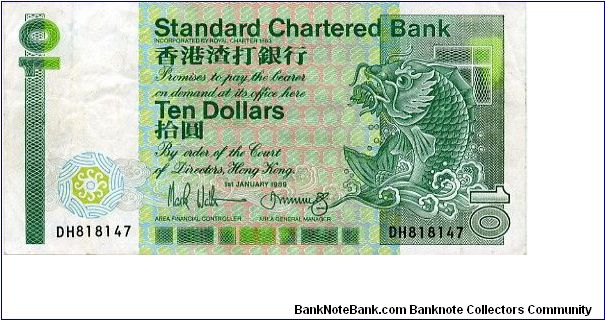Standard Chartered Bank
$10
Green/Blue/Pink
Value & Mythological Carp 
Bank building & Arms
Security thread
Watermark Helmeted head Banknote