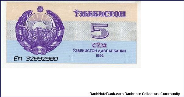 5 Sum
Cream/Blue/Purple 
Coat of Arms & value
Shir-Dor Madrassa in Samarkand
Watermark flowers Banknote