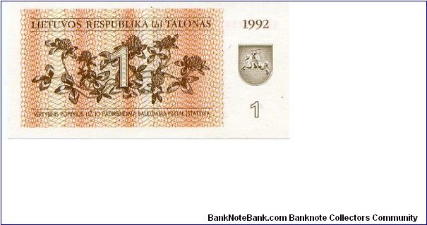 1 Talonas
Brown/Orange  
Flowers & value, Coat of arms
Eurasian lapwings
Watermark Banknote