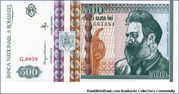 500 Lei
Gray/Purple/Brown/Blue  
Constantine Brâncusi 1876-1957 Sculptor
Sculptures
Security threas
Watermark Brâncusi Banknote