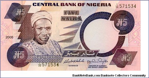 5 Naira
Purple/Brown
Sir Abubakar Tafawa Balewa, Politician
Nkpokiti dancers
Security thread
Watermark Bird Banknote