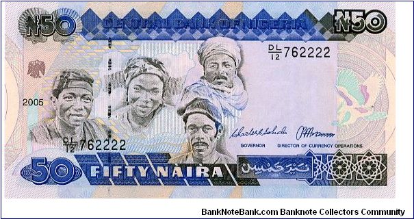 50 Naira
Blue/Pink/Black
Hausa, Igbo and Yoruba men and a woman
Farm Workers
Security thread
Watermark Bird Banknote