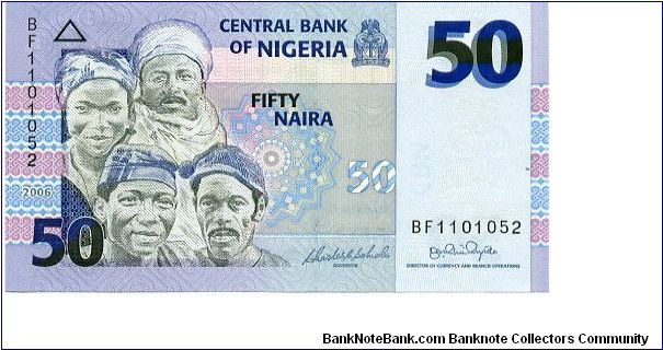 50 Naira
Blue/Pink/Black
Hausa, Igbo and Yoruba men and a woman
Local fishermen
Security thread
Watermark Central bank logo Banknote
