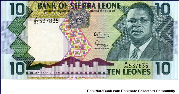 10 Leones
Green/Purple/Black
Coat of arms & President Dr. Joseph Saidu Momoh
Cow & farmer
Security thread
Watermark Lion Banknote