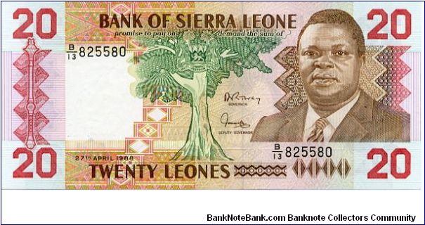 20 Leones
Brown/Green/Red
Tree & President Dr. Joseph Saidu Momoh
Two young men pan mining
Security thread
Watermark Lion Banknote