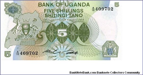 5 Shillings
Green/Brown
Coat of arms & value
Woman picking coffee beans
Security thread
Watermark Bird Banknote