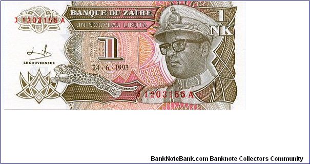 1 Nouveau Likuta
Brown/Pink 
Leopard & President Mobutu
Monument
Security thread Banknote