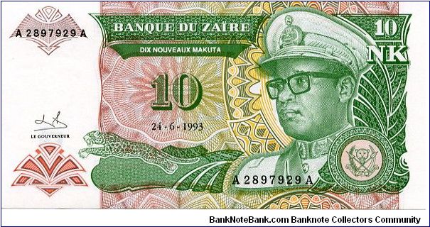 10 Nouveau Makuta
Green/Brown/Yellow
Sig 9 
Leopard & President Mobutu
Elephant tusks, Factory & Pyramid
Security thread Banknote