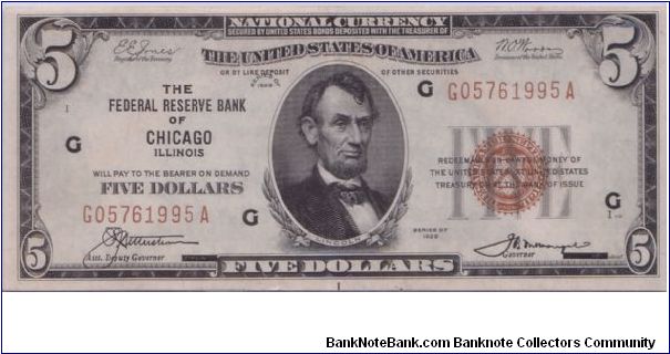 1929 $5 FEDERAL RESERVE BANK OF CHICAGO NATIONAL NOTE

**BROWN SEAL** Banknote