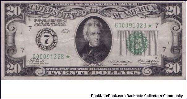 1928 $20 CHICAGO FRN **STAR NOTE**


*DISTRICT 7 SEAL*
 

**REDEEMABLE IN GOLD**

**5 DIGIT SERIAL** Banknote