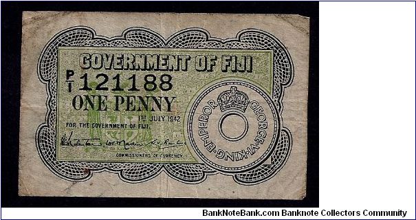 Government of Fiji 1 Penny, dated 1st July 1942, # P/I 121188, 'George VI - King - Emperor.' Well circulated condition with stains and marks, but still whole without any tears. Banknote