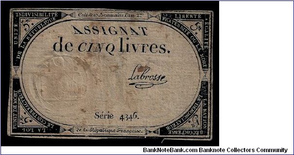French Revolutionary Assignat or 'Promissory Note'. Not dated on the note itself but circa 1793. Serie 4346 and signed 'Labrosse.' Banknote