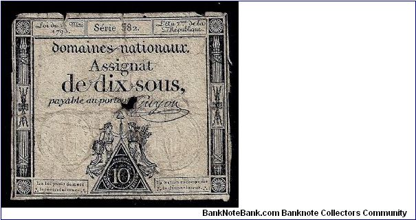 French revolutionary Assignat (Promissory note) dated 1973, Dix-Sous, Serie 582 and signed 'Guyou.' This note was sold to a collector in France (sorry no reverse image...!) Banknote