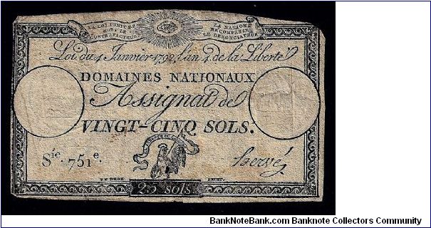 French Revolutionary Assignat (Promissory Note) dated January 1972, serie 751e. Portrays the famous 'Cockerel' with the words La Liberte ou la Morte. Sold recently to a collector in France. Banknote
