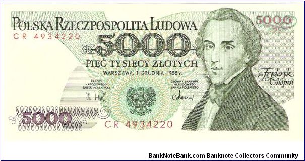 5000 zloty; December 1, 1988 Banknote