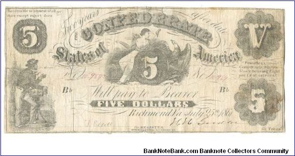 Type 11 Confederate $5 note. Rare PF-5 variety with spurious 'IES' after first line of 'Receivable...' clause (top left). Banknote