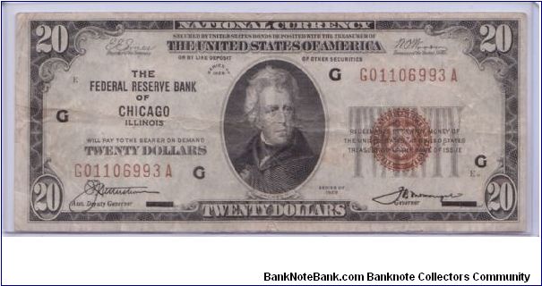 1929 $20 FEDERAL RESERVE BANK OF CHICAGO 

**BROWN SEAL** Banknote