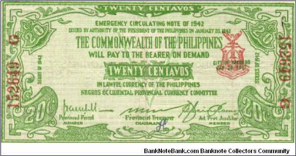 S-644 Negros Occidental 20 Centavos note. Banknote