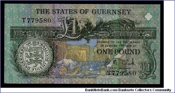 States of Guernsey 1 pound, P-52c. # T779580 and dated to 1991 it is signed by the treasurer D. M. Clark. The reverse of the note has a carefully drawn portrait of Daniel de Lisle Brock, Bailiff of Guernsey 1762-1842. Banknote