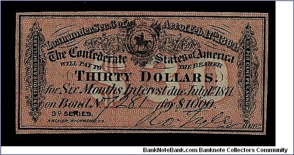 Confederate States of America war bond for 30 dollars, dated 17th February 1864, signed 'Taylor.' # 7281. For: $1000. Series 3D. Printed in Richmond, Virginia. 76mm x 36mm. Uniface print. Banknote