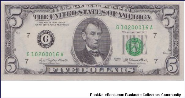 1977 $5 CHICAGO FRN Banknote