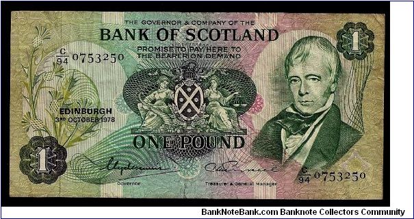 Bank of Scotland 1 pound, dated 3rd October 1978 Edinburgh. # C/94 0753250. P-111c. 135mm x 67mm. Banknote