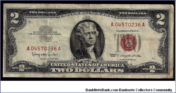 USA 2 dollars / red seal, series 1963, # A 04570236 A. Good condition apart from three minor vertical folds. Banknote