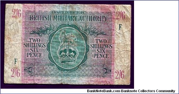 British Military Issue 2/6 (two shillings and sixpence) not dated but circa 1944/45 and issued to British troops occupying Greece during WW II. 113mm x 72mm. Well worn with a small tear on the left top side. A scarce note by all accounts. Banknote