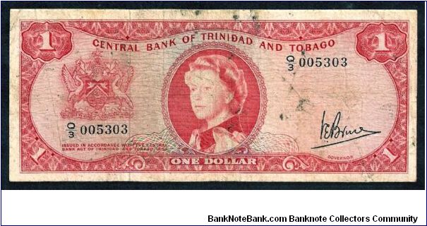 Central Bank of Trinidad and Tobago 1 dollar 1964. P-26c. # Q/3 005303. Very poor/worn condition with dark/black smudge-marks down the centre... otherwise good. Banknote