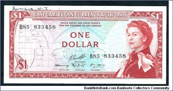 East Caribbean Currency Authority 1 dollar. # B85 833458. P-13f. 150mm x 72mm. In A-Unc condition... would be perfect if not for the fact that a previous collector scibbled 'Antigua' in the top left corner (shame...!). A beautiful note with reds, pinks and pale turqoise blue. Banknote