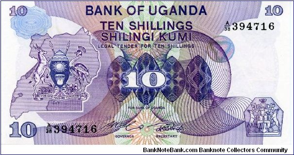 10 Shillings
Purple/Green
Coat of arms & geometric pattern
Waterfall, Elephants, Antelope & Hippo 
Security thread
Watermark Bird Banknote