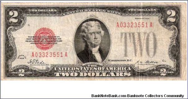 United States Note; 2 dollars; Series 1928 (Tate/Mellon) Banknote