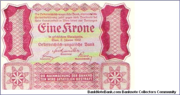 Austria (Viena), 1 krone 1922. Uniface note Banknote