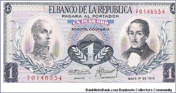 Colombia 1 Peso Oro 1970 Obverse: Simon Bolivar; General Francisco de Paula Santander. 
Reverse: Liberty; condor; waterfall; mountain. Banknote