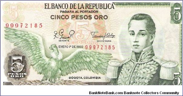 Colombia 5 Pesos Oro 1980 Obverse: Jose Maria Cordoba; Condor; Reverse: Liberty; Cartagena fortress. Banknote