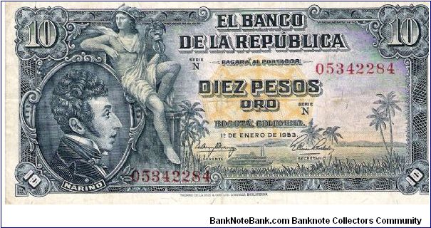Colombia, 10 Pesos 1953 ( Obverse: Antonio Nariño, seated liberty woman. Reverse: Banco de la República Central bank of Colombia) Banknote